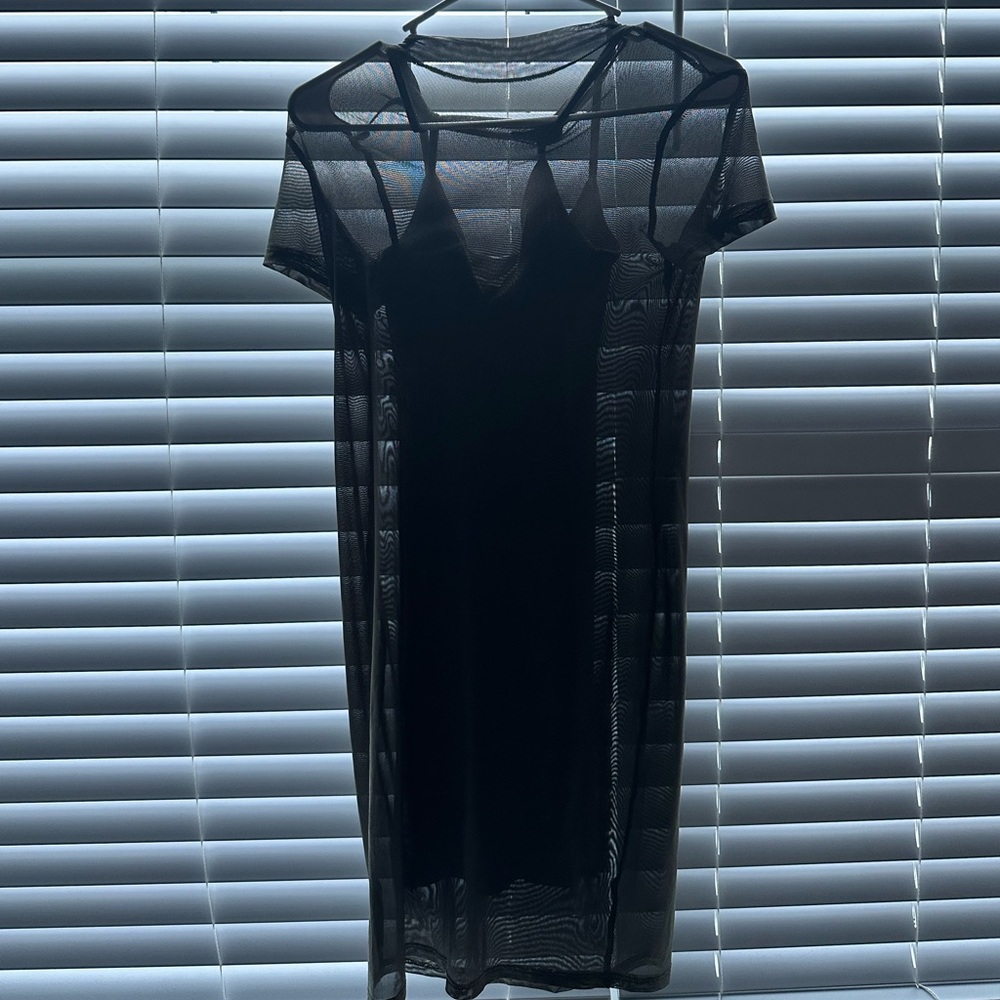 Green cami dress with a mesh overlay dress.